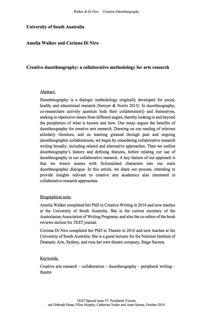 Corinna Di Niro and Amelia Walker – Creative duoethnography: a collaborative methodology for arts research